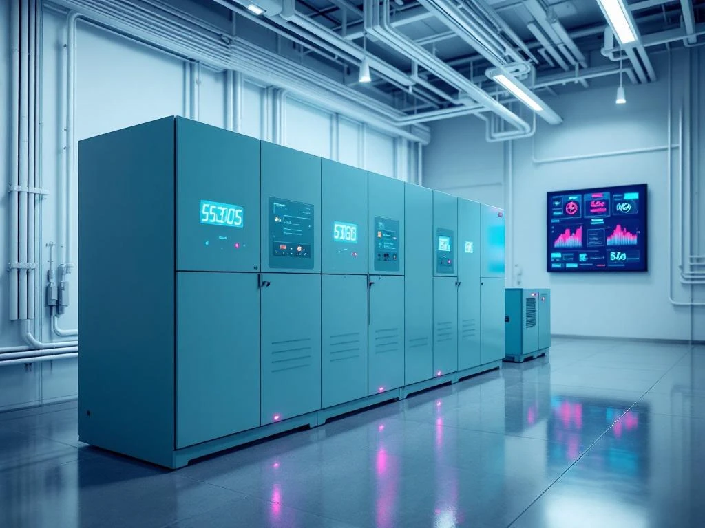 Moderne elektrische netwerk controlekamer met turquoise batterijopslagsystemen en donkerblauwe monitorschermen