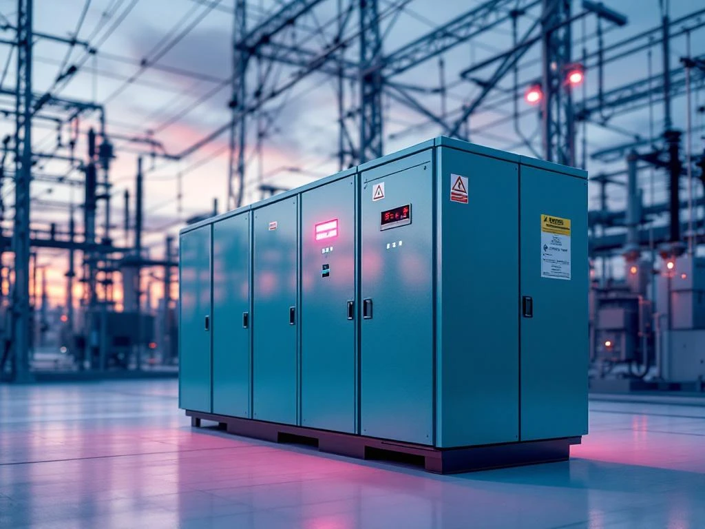 Moderne teal batterij-opslagsysteem met blauwe LED-indicatoren in industriële elektriciteitscentrale met kabels