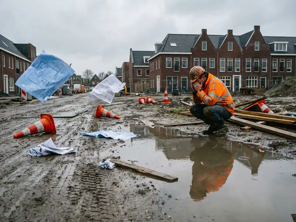Gefrustreerde projectmanager op Nederlandse bouwplaats met weggewaaide papieren, omgevallen kegels en typische huizen