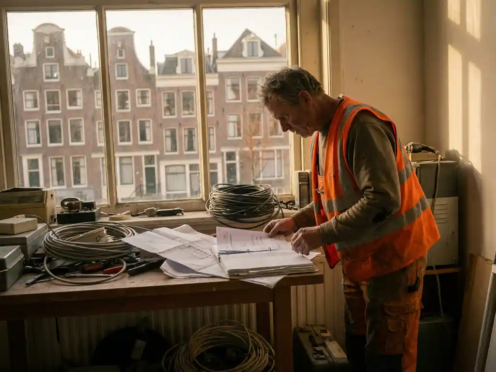 Bouwvakker in oranje veiligheidsvest bestudeert documenten aan houten tafel met Nederlandse bakstenen gebouwen op achtergrond