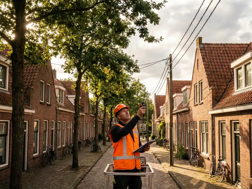 Bouwvakker in oranje veiligheidsvest onderzoekt bovengrondse elektriciteitsleidingen in Nederlandse woonstraat met rode bakstenen huizen