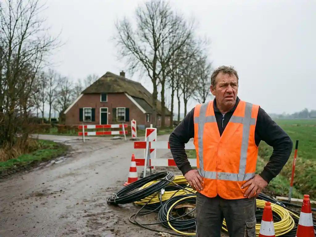 Bouwvakker in oranje veiligheidsvest staat gefrustreerd bij wegafsluiting met elektriciteitskabels op landelijke weg