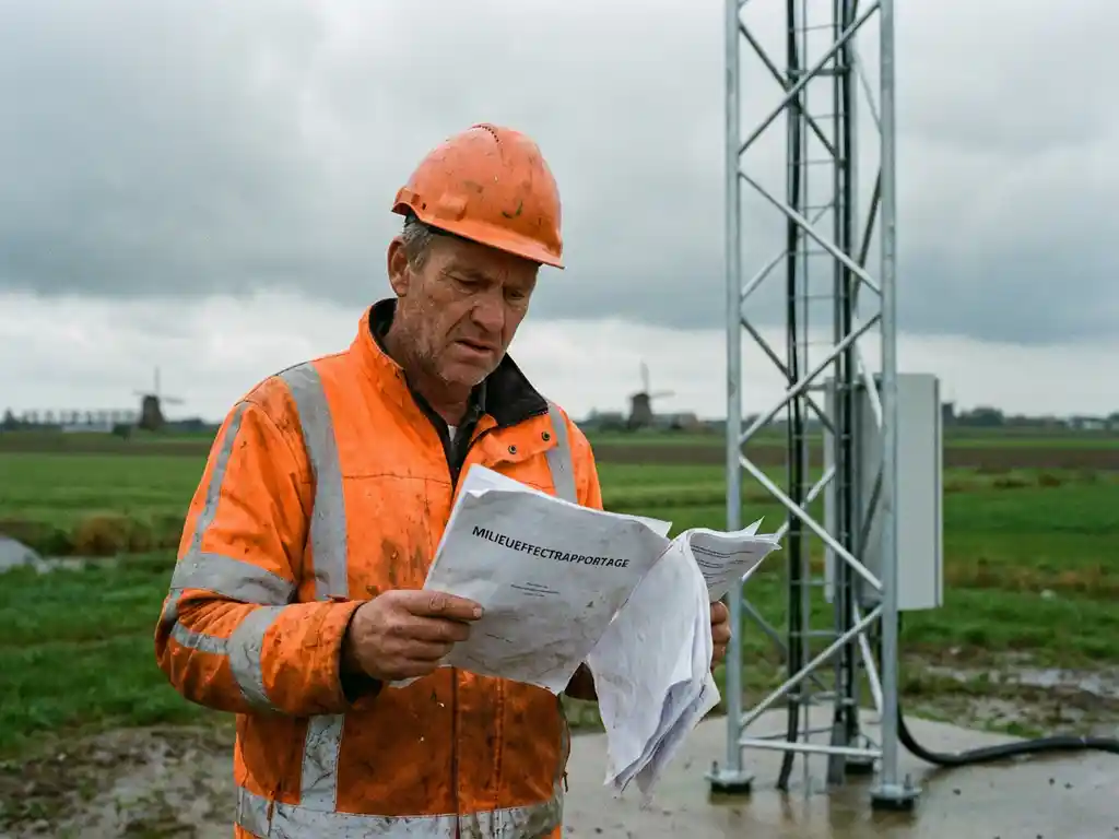 Bouwvakker in oranje hesje bekijkt milieurapport bij nieuwe telecommunicatietoren in Nederlands landschap met windmolens