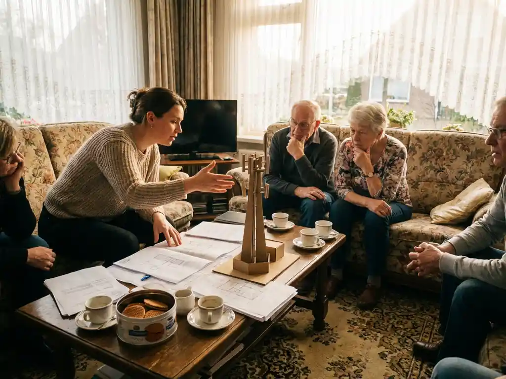 Buurtbewoners bespreken zendmasttoren tijdens huiskamerbijeenkomst met architectuurmodel en documenten op tafel