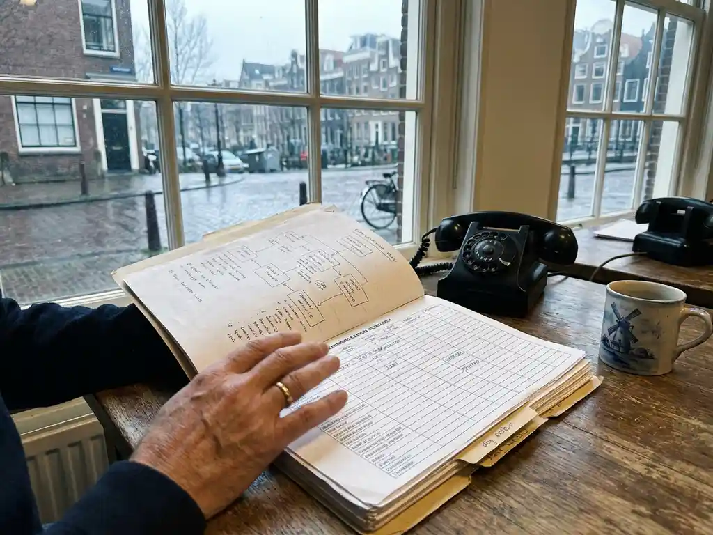 Handen houden communicatieplan met grafieken vast aan bureau bij Amsterdams raam met grachtenhuizen op achtergrond