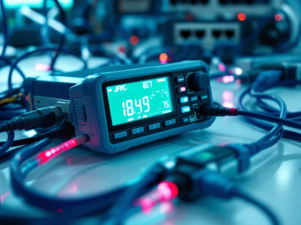 Digitale multimeter met turquoise display en donkerblauwe glasvezelkabels op wit technisch werkstation