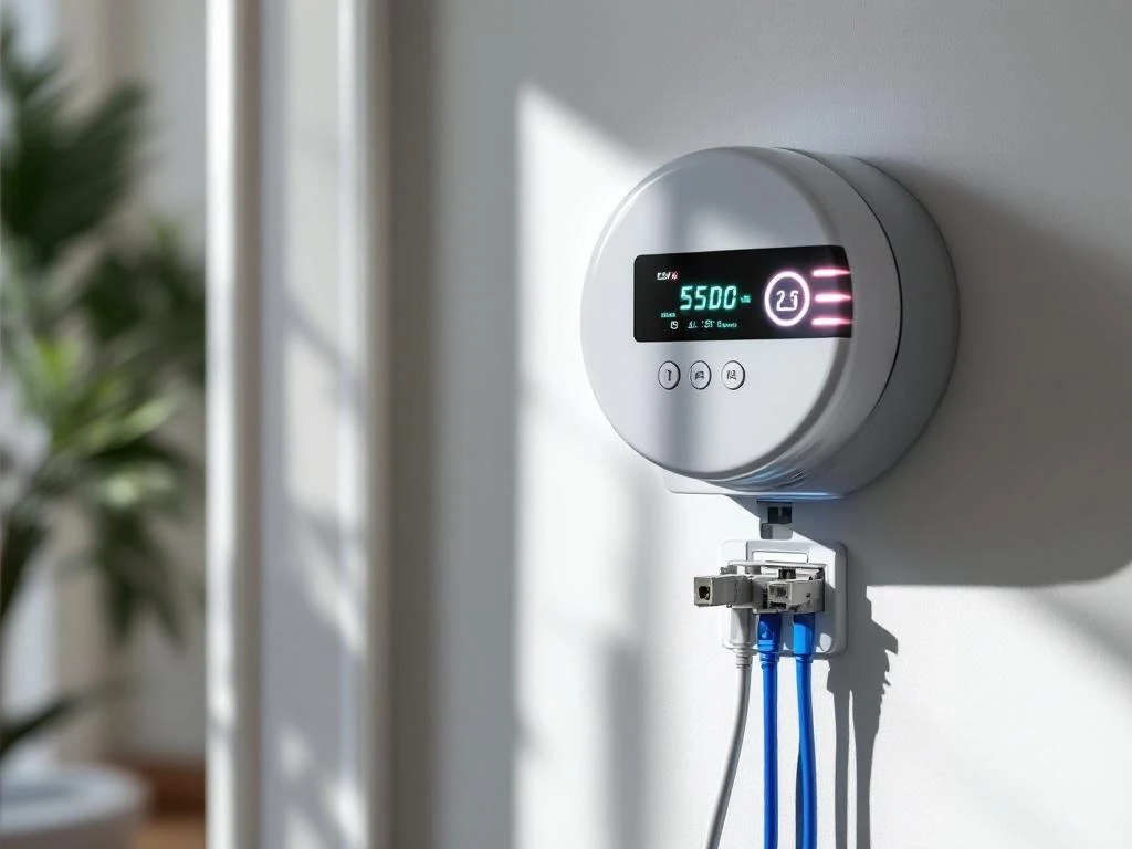 Digitale slimme energiemeter op witte muur met LED-display en georganiseerde elektrische kabels in modern interieur