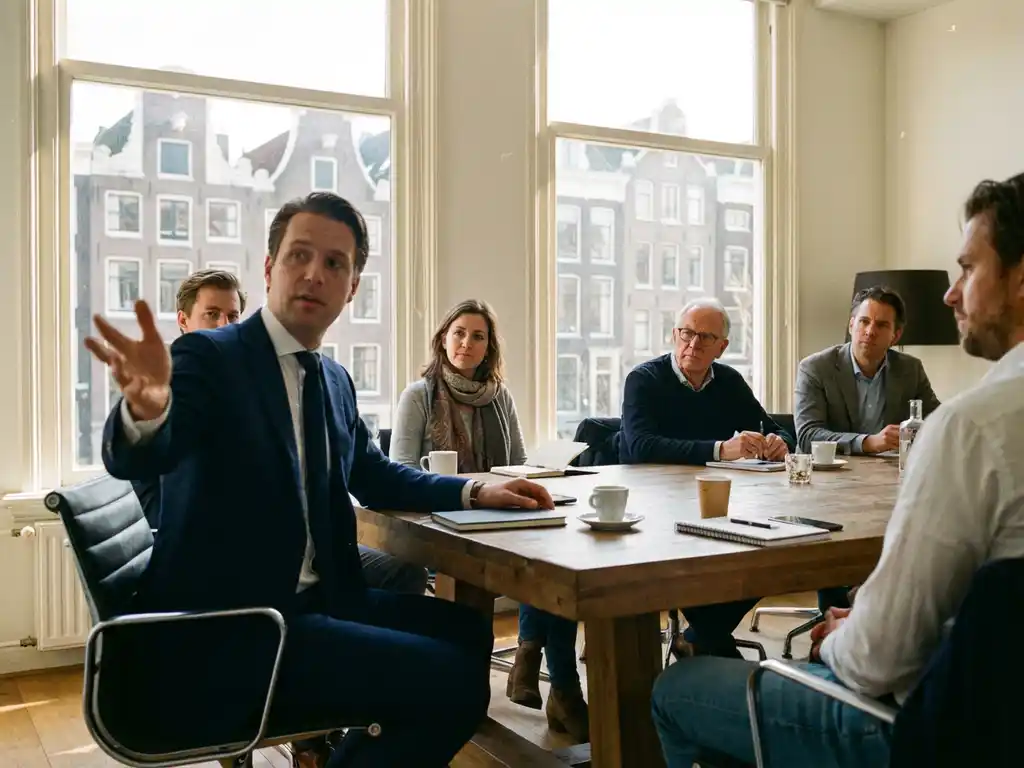 Zakelijke vergadering in Amsterdam kantoor met professionals rond houten tafel, grachtenpanden zichtbaar door ramen