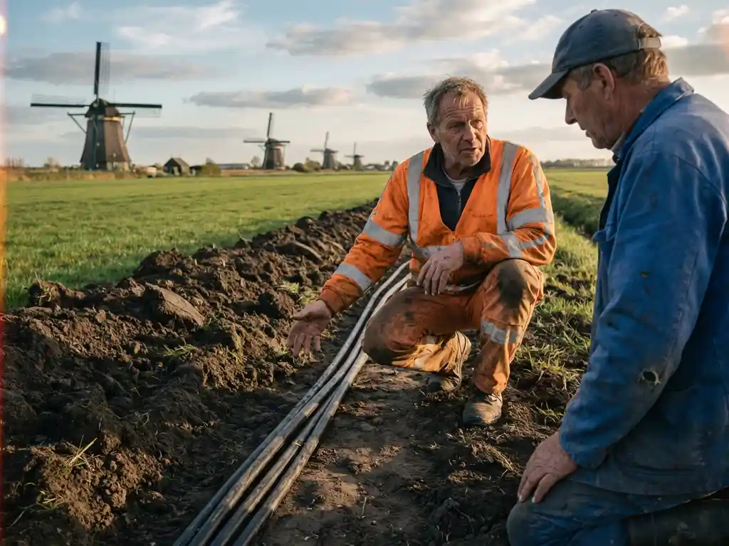 Nederlandse ingenieur wijst naar ondergrondse energiekabels terwijl hij praat met boer op polderlandschap met windmolens