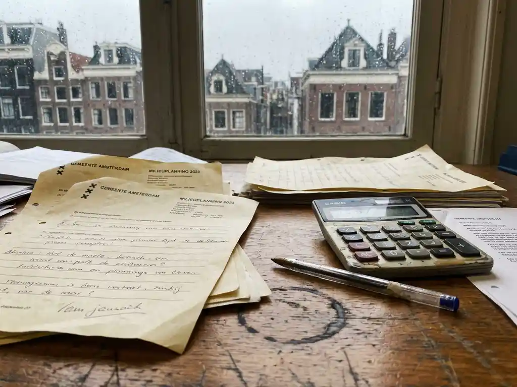 Versleten houten gemeentekantoor bureau met milieuplanningsdocumenten, rekenmachine en pen bij regenachtig raam