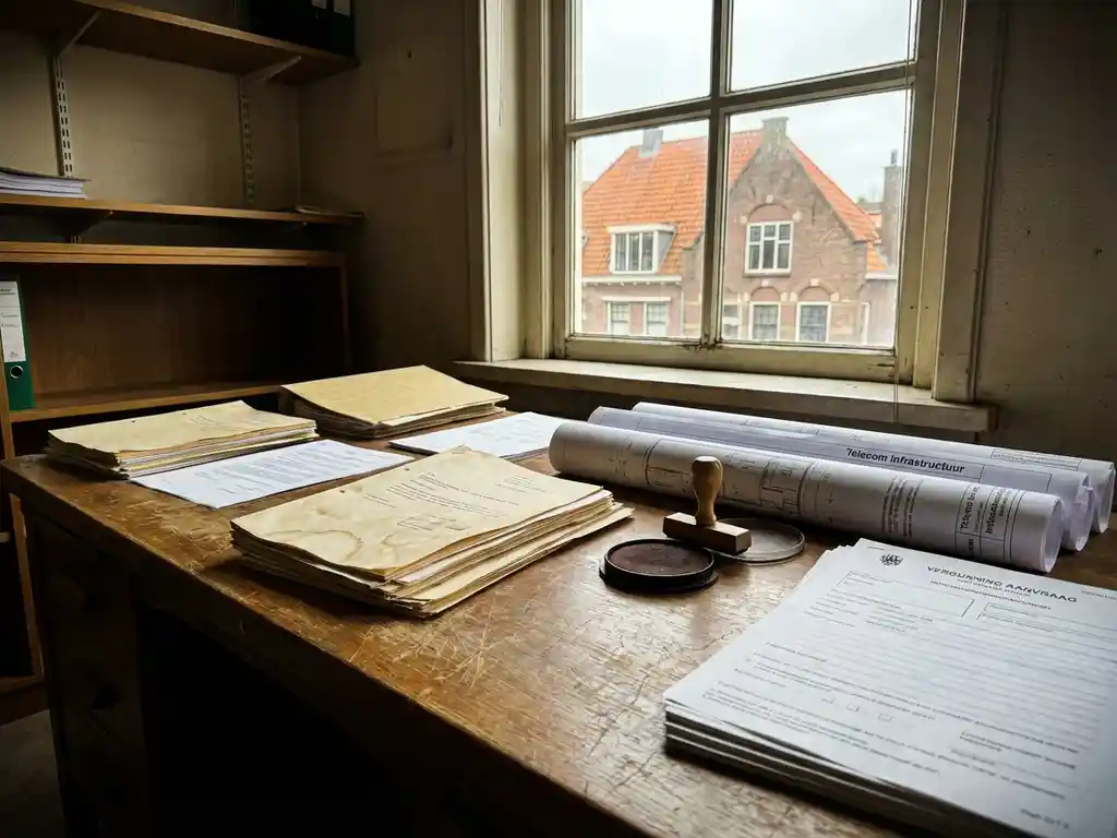 Verweerd houten bureau in Nederlands gemeentehuis met officiële documenten, stempel en vergunningsformulieren