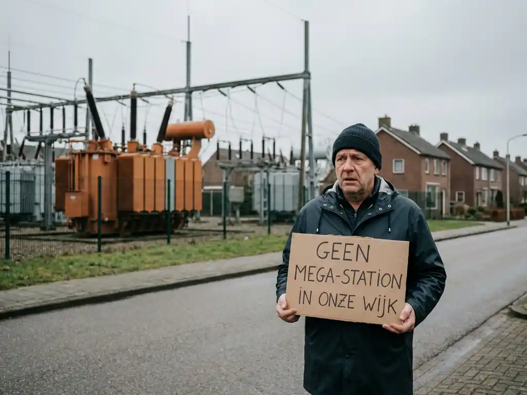Bezorgde Nederlandse inwoner met protestbord bij elektriciteitsstation met oranje transformatoren en bakstenen huizen
