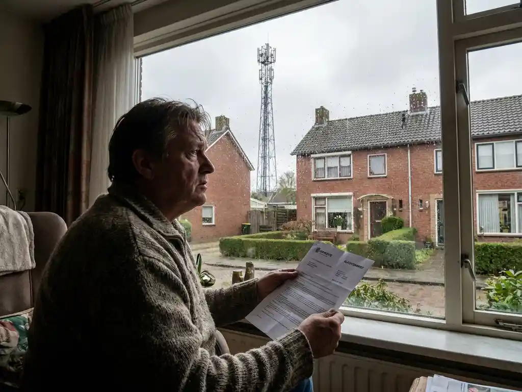 Nederlandse bewoner houdt klachtbrief vast voor woonkamerraam met zendmast, typische bakstenen huizen op achtergrond