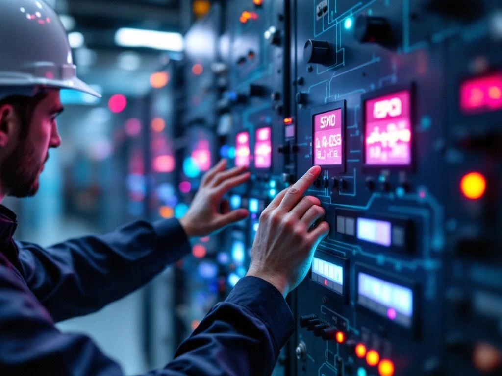 Elektrotechnisch ingenieur bedient stroomnetbedieningspaneel met verlichte circuits en roze indicatielampjes