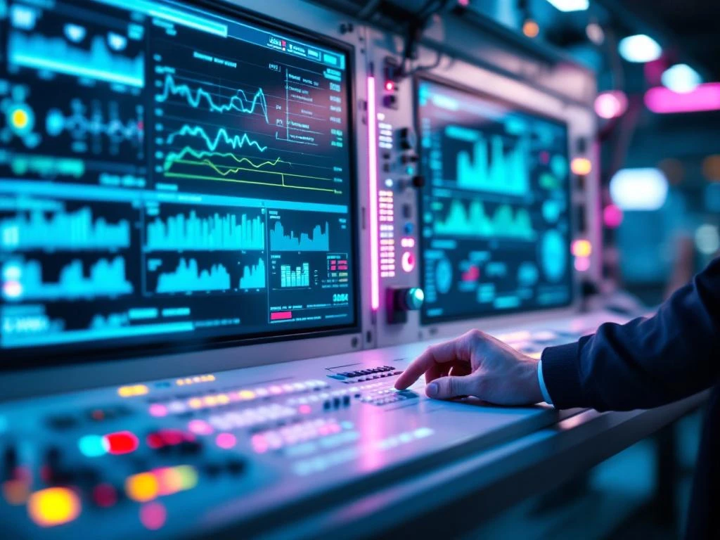 Ingenieur bedient bedieningspaneel in moderne elektriciteitsnetwerk controlekamer met monitorschermen en LED-indicatoren