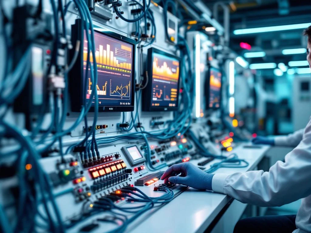 Operator bedient moderne elektriciteitsnetwerk controlekamer met monitors, kabels en verlichte controlepanelen