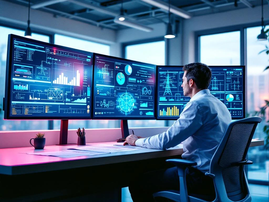 Technicus analyseert stroomnetgegevens op industriële monitoren in moderne elektriciteitsnet controlekamer