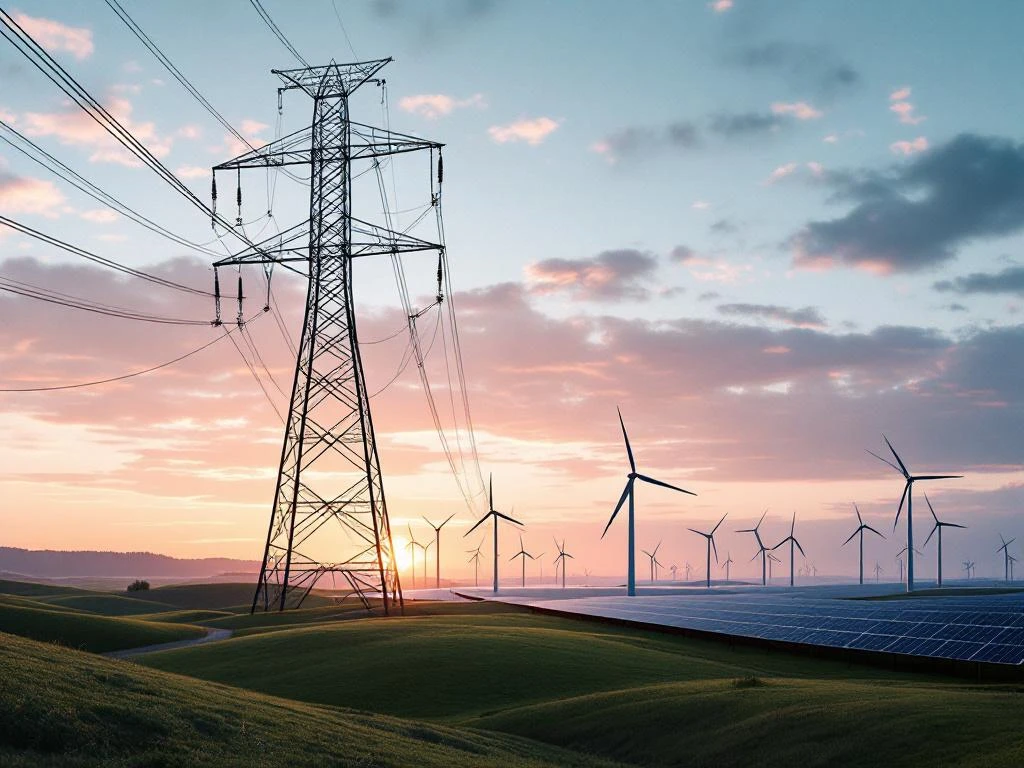 Elektrische hoogspanningsmast bij zonsopgang met windmolens en zonnepanelen in groen landschap