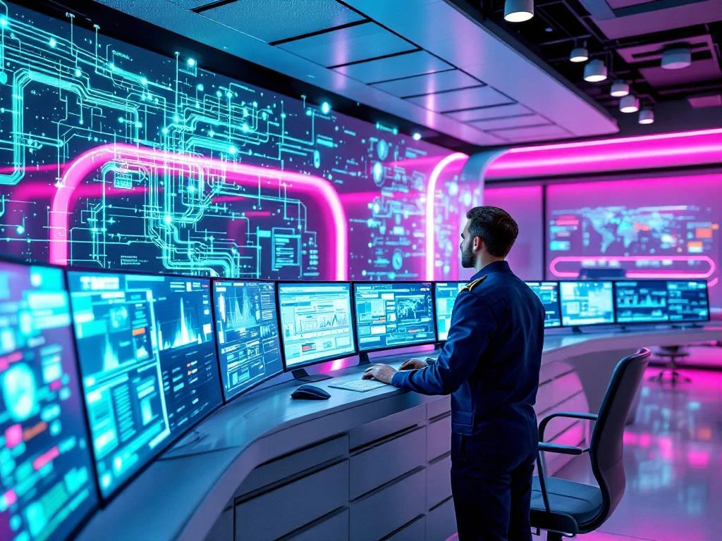 Ingenieur analyseert real-time netoptimalisatie op gebogen monitoren in moderne elektriciteitsnetwerk controlekamer