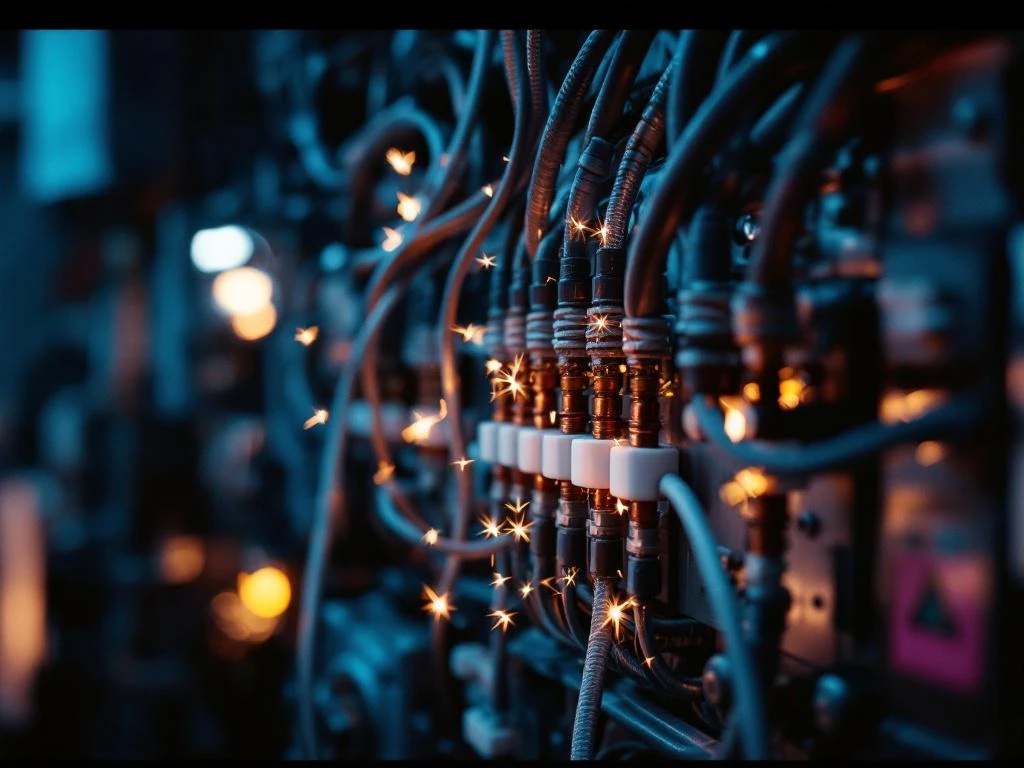 Dikke elektrische kabels en koperen bedrading in een overvolle verdeelkast met vonken en industriële verlichting