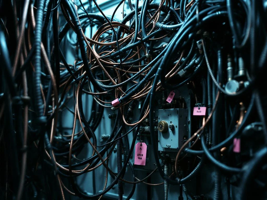 Verwarde massa van dikke elektrische kabels en stroomlijnen op wit elektrisch paneel met roze waarschuwingslabels