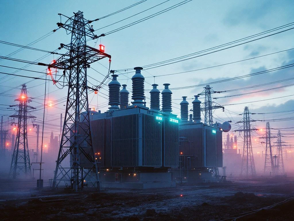 Elektrisch transformatorstation met hoogspanningslijnen en waarschuwingslichten in ochtendmist, dramatische laaghoekinstellin