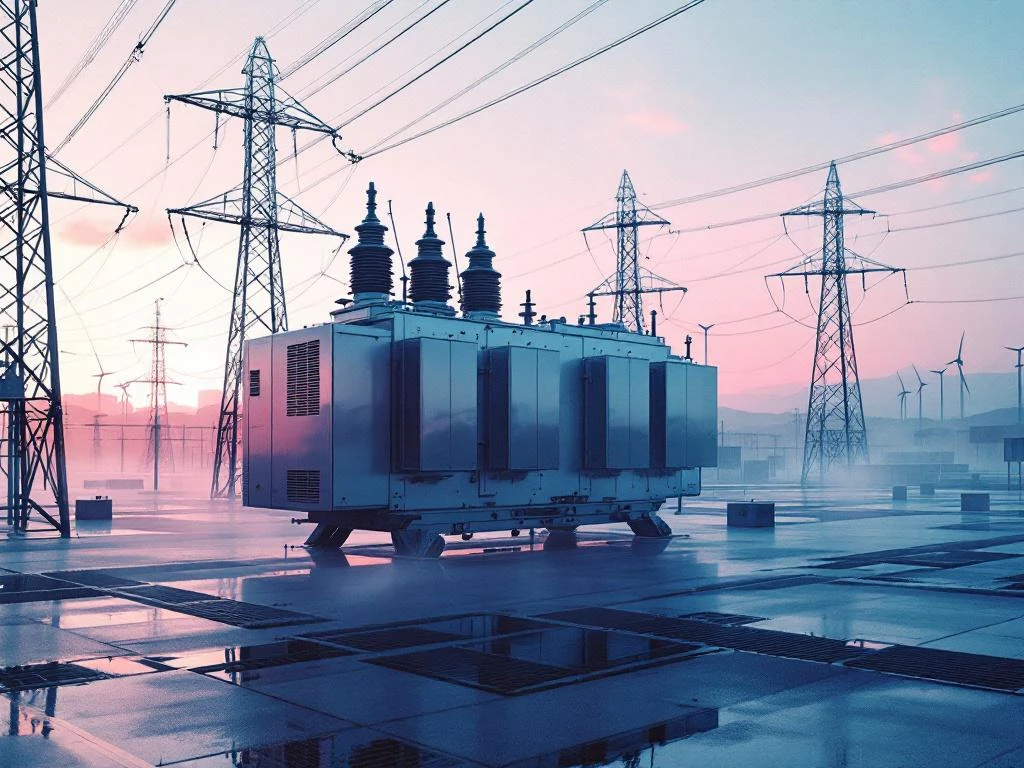 Elektrisch transformatorstation met hoogspanningslijnen, windmolens en zonnepanelen op de achtergrond bij dageraad