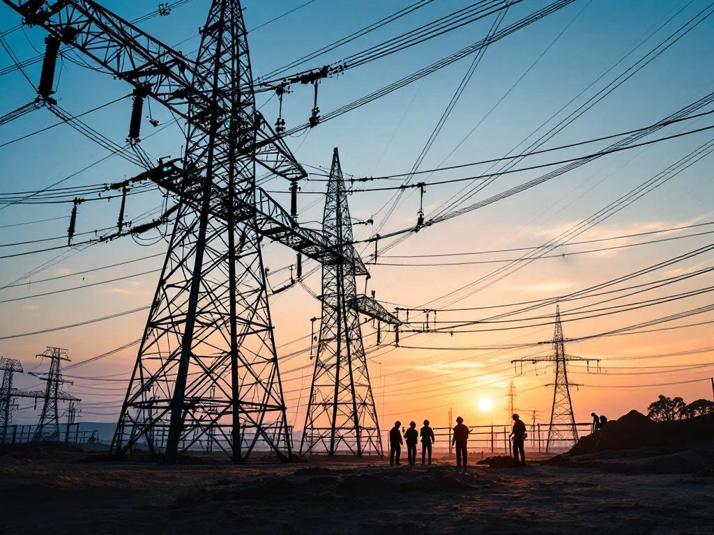 Elektriciteitstoren met digitale monitoring en stroomkabels tijdens zonsondergang, bouwploeg werkt aan infrastructuur