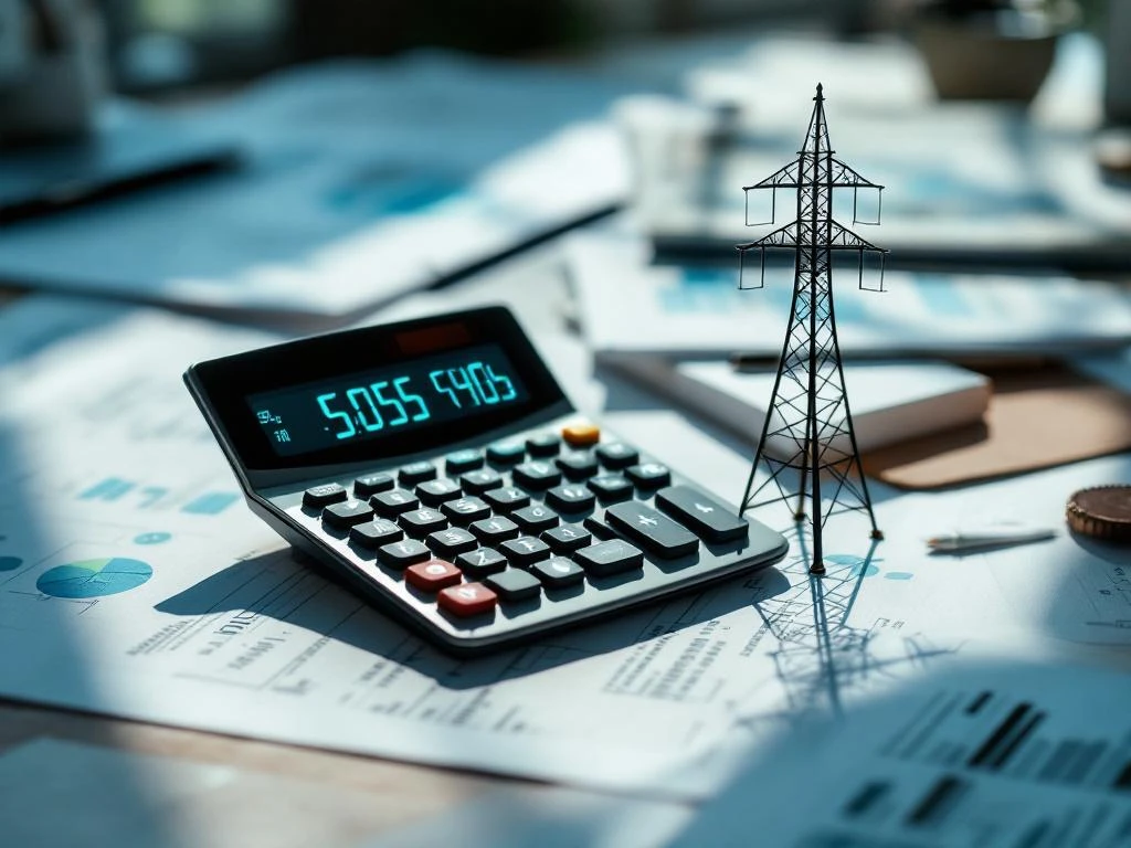 Rekenmachine met kostencijfers en miniatuur stroomtoren op bureau met energierekeningen en elektriciteitsdiagrammen