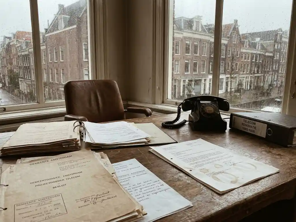 Houten bureau met officiële documenten en roterende telefoon in Nederlands gemeentehuis, regenachtige dag buiten