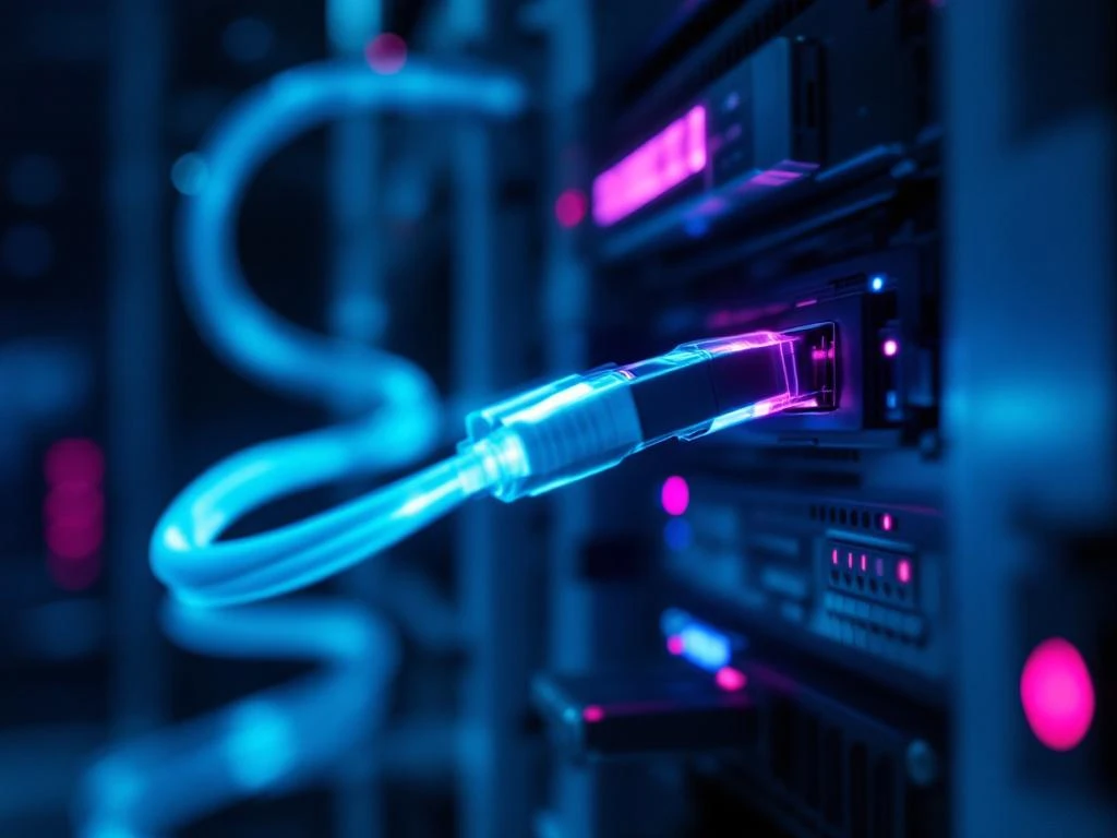 Glasvezelkabel met turquoise licht door moderne serverrek met roze accentverlichting en witte behuizing