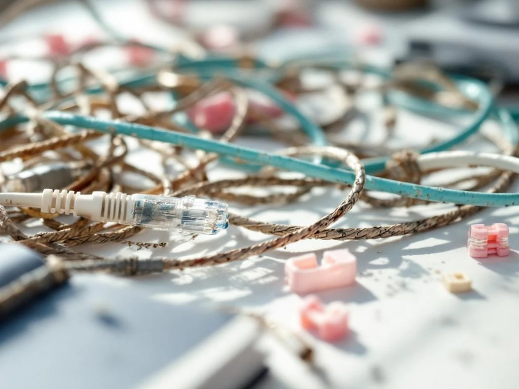 Verouderde glasvezel- en koperen kabels verstrengeld met moderne teal ethernet kabels op wit bureau met roze clips