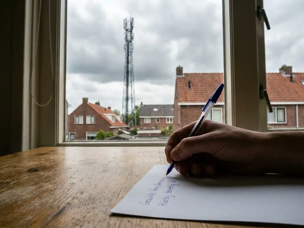 Persoon schrijft met de hand een brief aan houten keukentafel, Nederlandse huizen en zendmast zichtbaar door raam