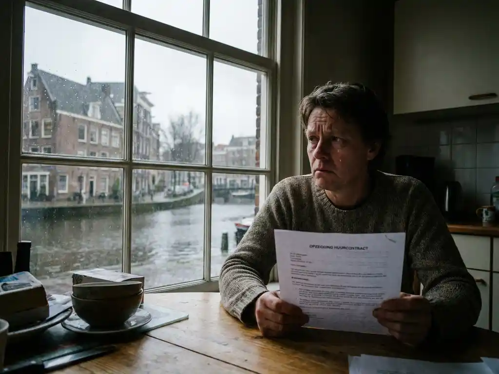 Bezorgde huurder leest opzeggingsbrief aan keukentafel in Amsterdam grachtenpand met bakstenen muren
