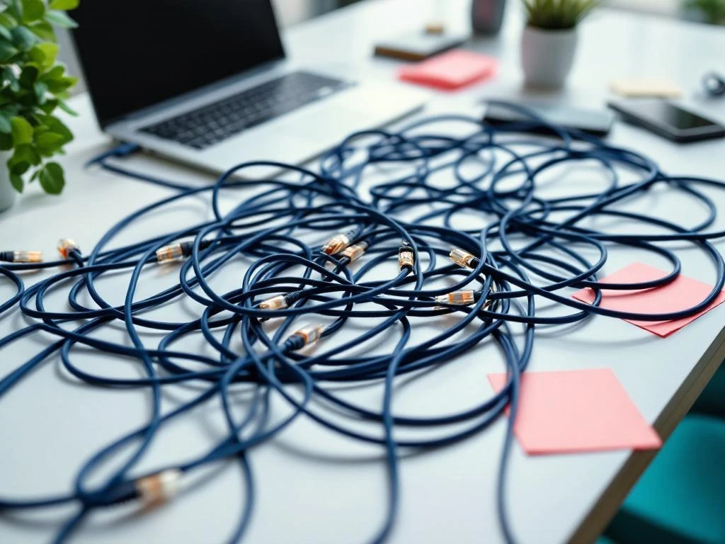 Moderne laptop op wit bureau omringd door verwarde donkerblauwe ethernetkabels met roze notitiepapiertjes