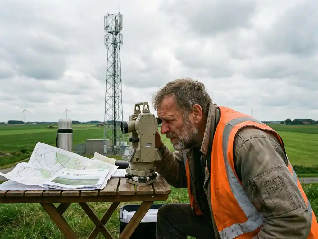Landmeter in oranje veiligheidsvest onderzoekt telecommunicatietoren met meetapparatuur in Nederlands landschap