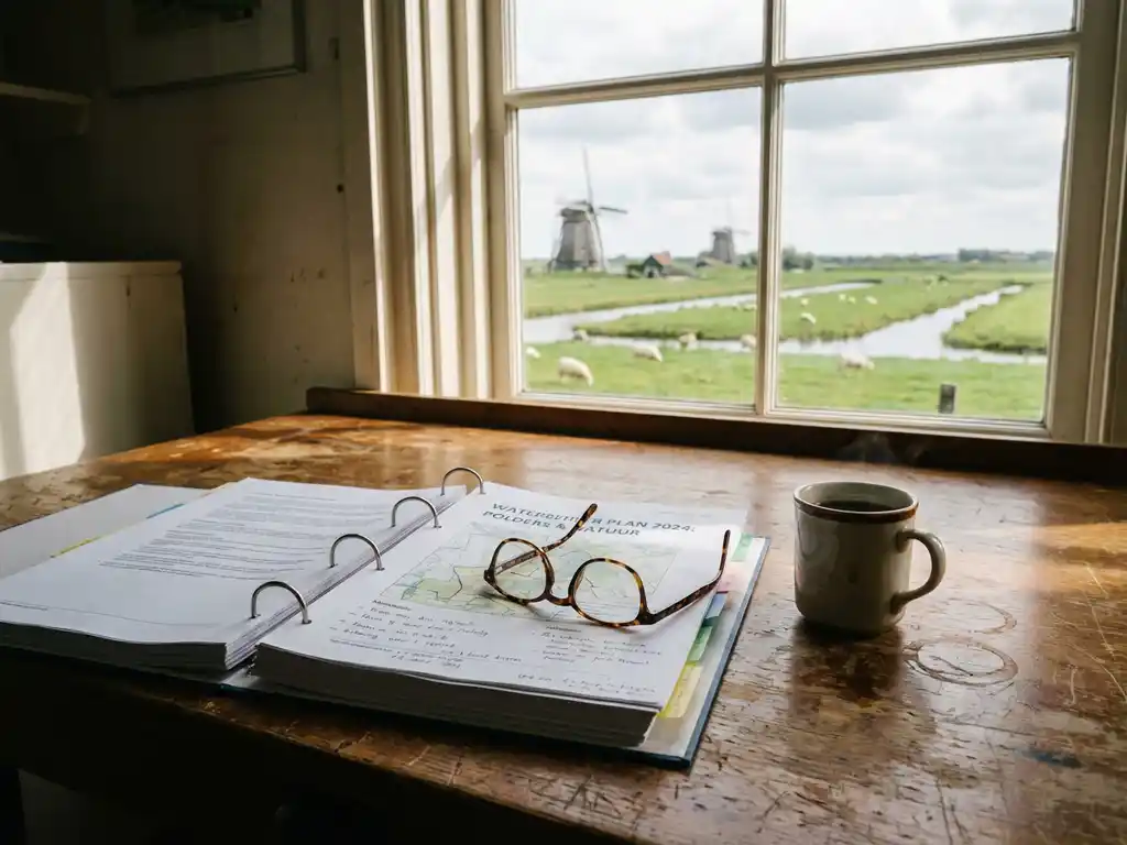 Milieubeheerdocument op houten bureau met leesbril en koffie, Nederlandse polder met windmolens op achtergrond