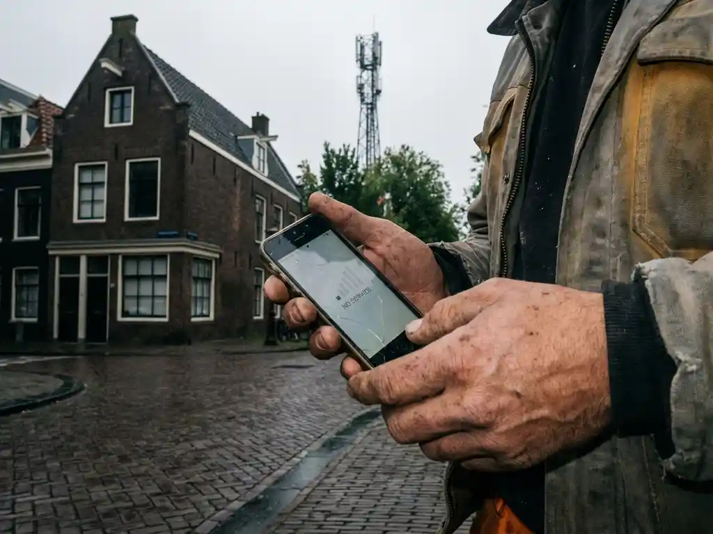 Bouwvakker houdt smartphone met zwak signaal vast naast Amsterdams bakstenen gebouw met 5G-mast op achtergrond