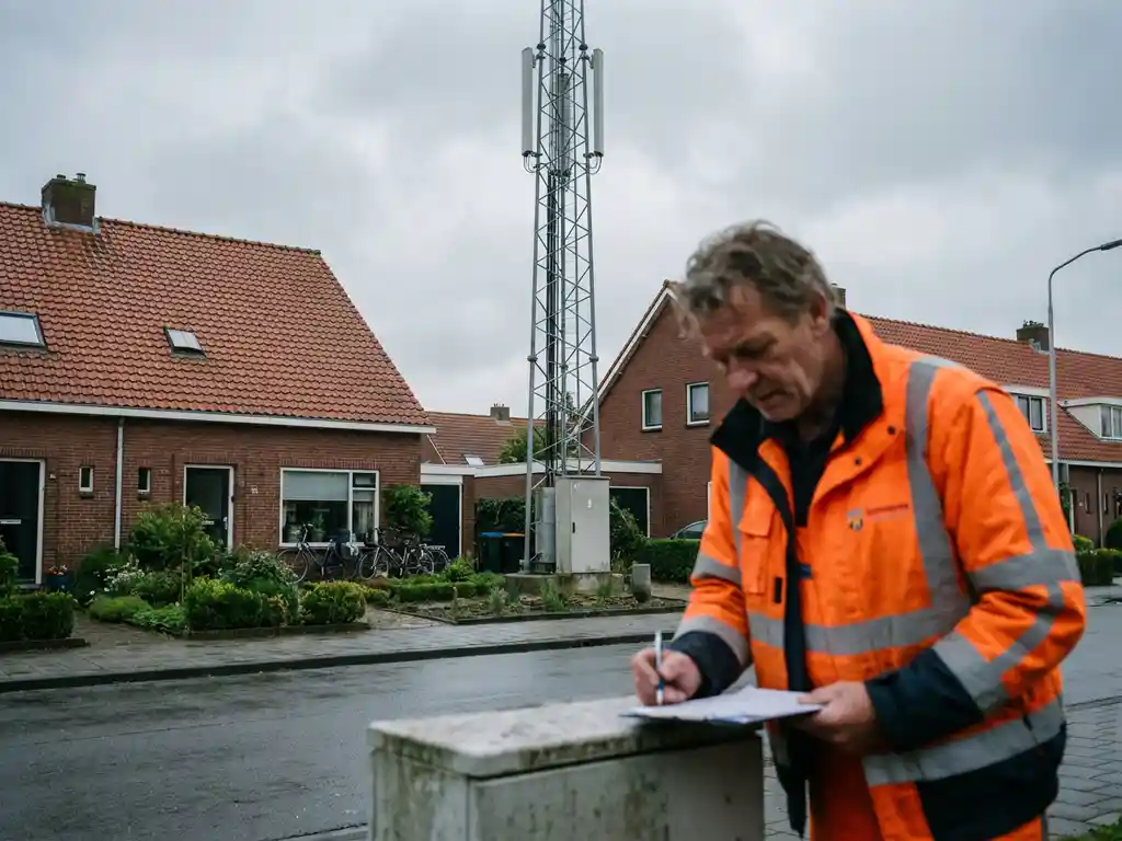 Gemeentewerker in hesje inspecteert mobiele zendmast bij Nederlandse huizen met rode dakpannen
