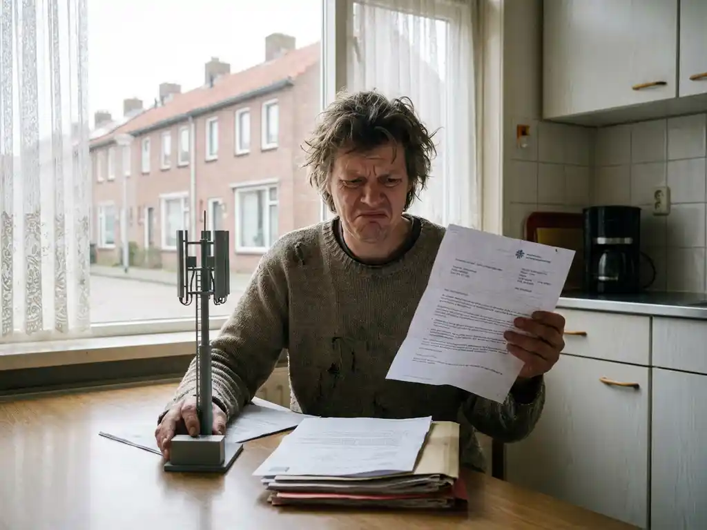Gefrustreerde persoon aan keukentafel met afwijzingsbrief en zendmastmodel, Nederlandse rijtjeshuizen op achtergrond