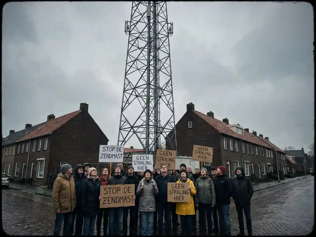 Bezorgde bewoners met petities verzameld bij mobiele zendmast, traditionele Nederlandse huizen op achtergrond