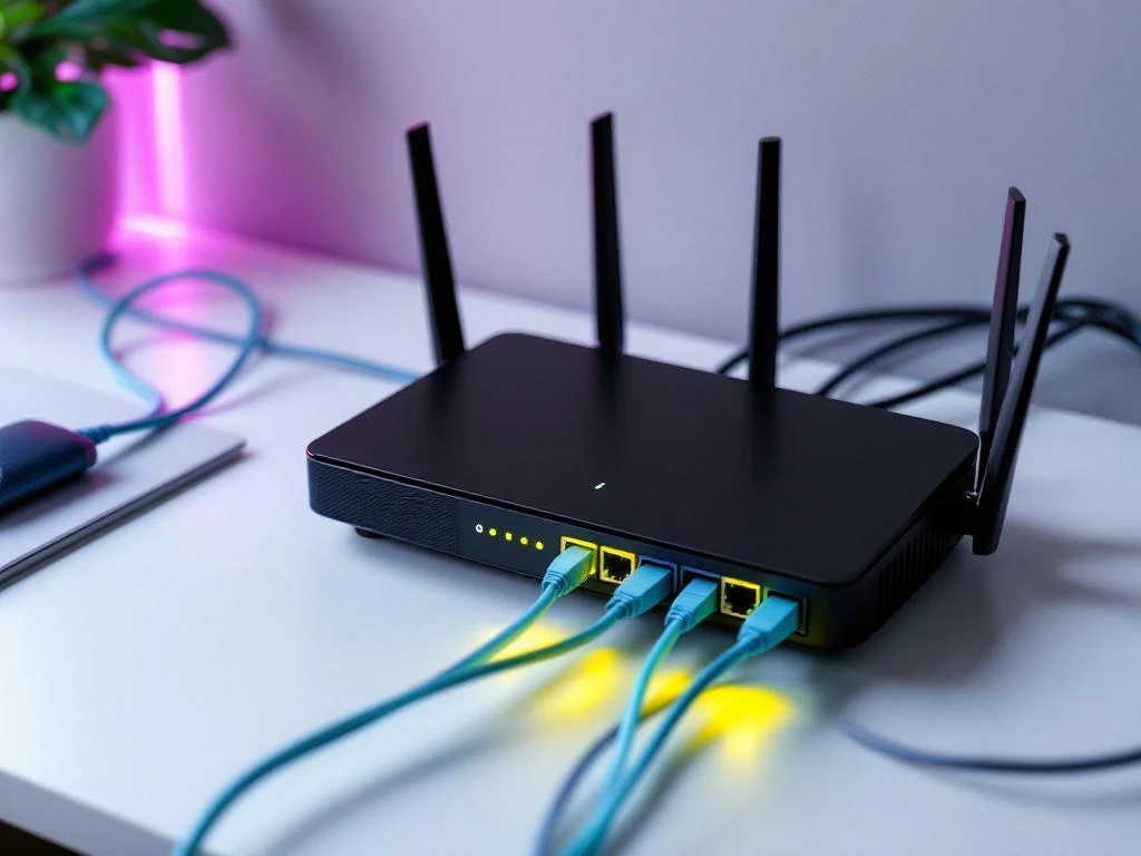 Moderne router met gloeiende LED-indicatoren op wit bureau, georganiseerde ethernet kabels in teal en navy blauw