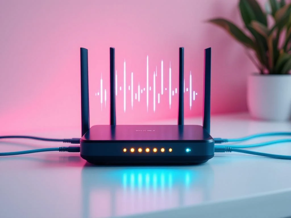 Moderne router met gloeiende LED-indicatoren op wit bureau, verbonden met teal ethernet kabels en fiber optic bedrading