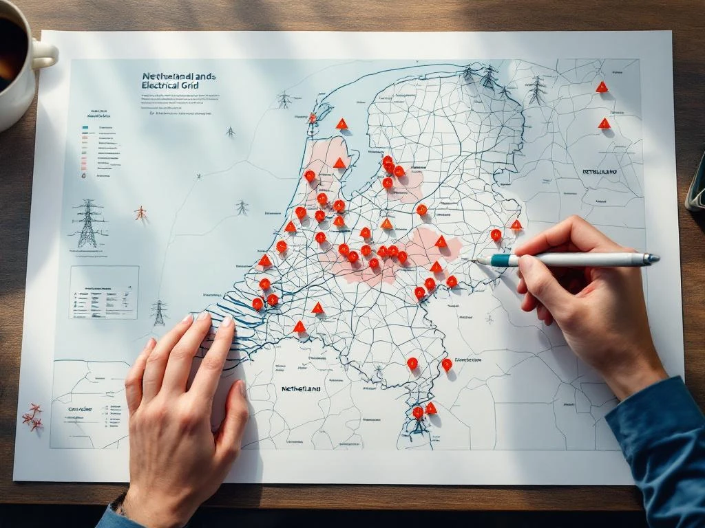Nederlandse elektriciteitsnetkaart op bureau met rode waarschuwingsindicatoren, hand wijst naar overbelast netwerkgedeelte
