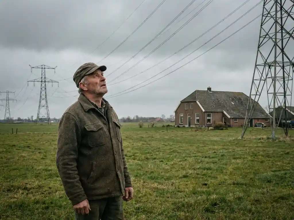 Nederlandse boer kijkt bezorgd omhoog naar hoogspanningsmasten die door zijn groene weiland lopen, boerderij op achtergrond