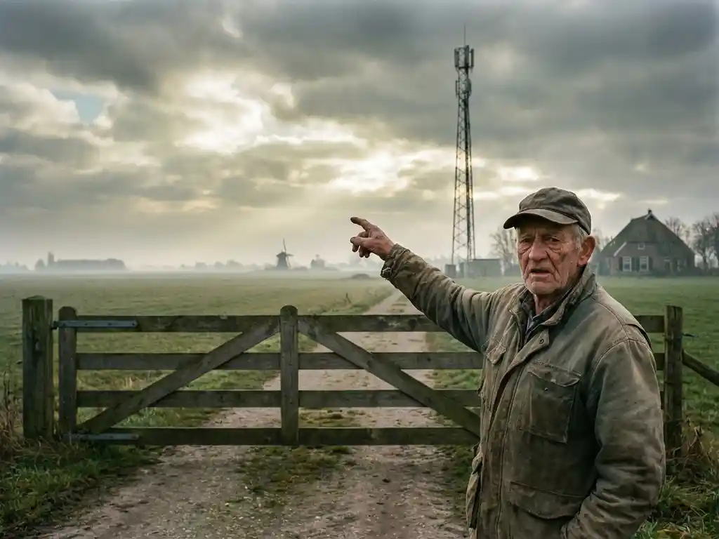 Nederlandse boer wijst weg van mobiele zendmast op platteland, staande voor hek van boerderij met windmolen op achtergrond