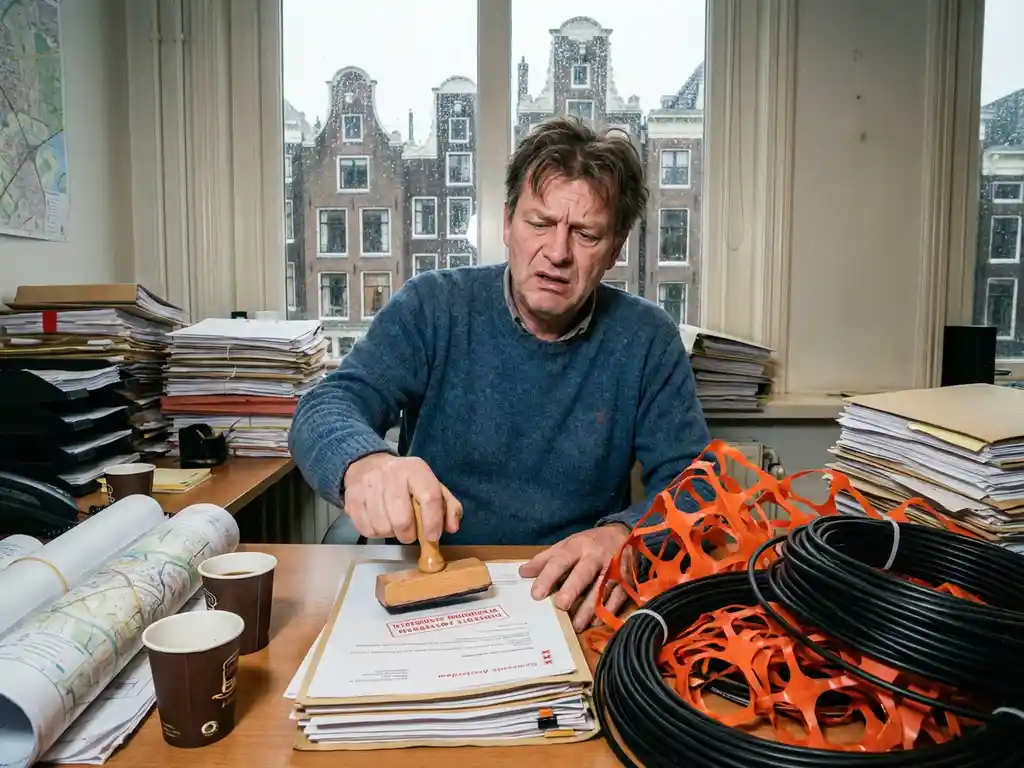 Gefrustreerde Nederlandse gemeenteambtenaar achter rommelig bureau met telecomvergunningen en afwijzingsstempel