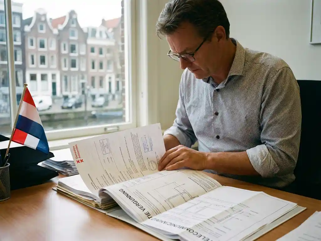 Nederlandse ambtenaar bestudeert telecommunicatievergunning aan bureau met officiële documenten en Nederlandse vlag