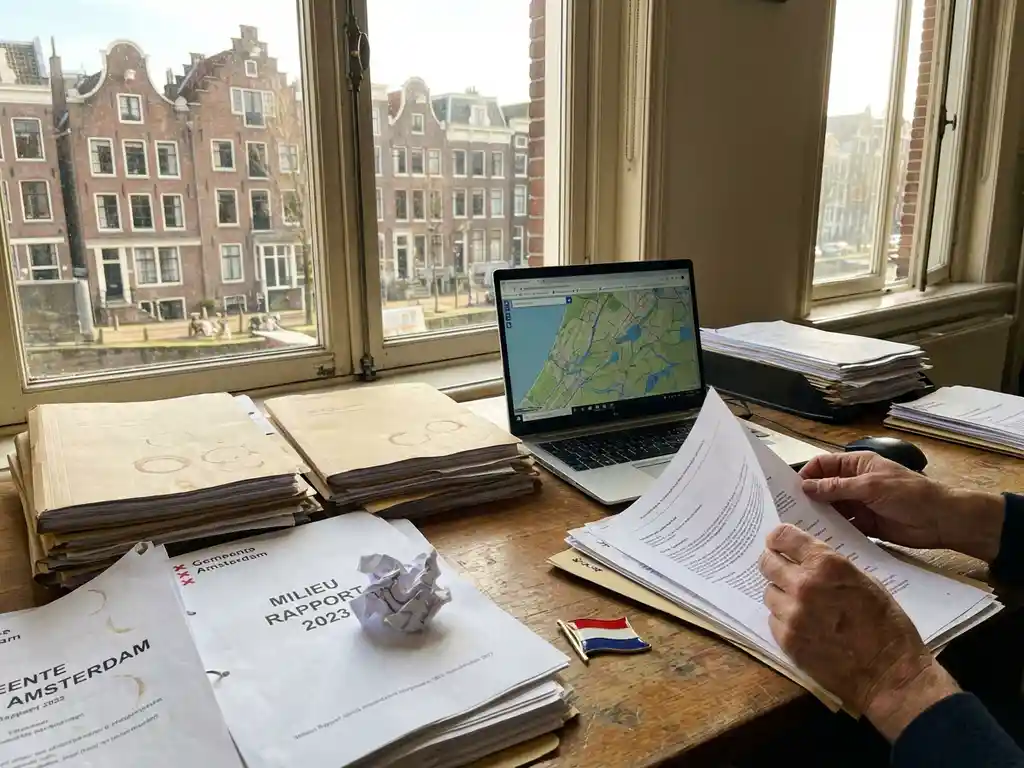 Houten bureau in Nederlandse gemeentekantoor met documenten, laptop met digitale kaarten en Nederlandse vlag speld