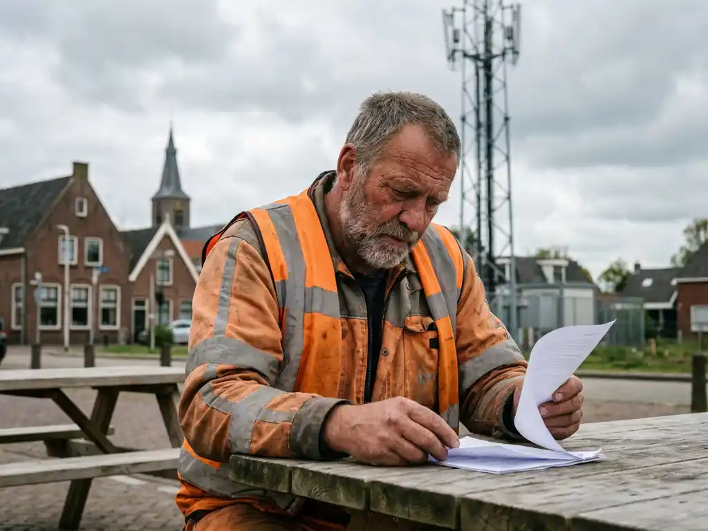 Telecommunicatie-ingenieur in veiligheidsvest bekijkt milieubeheerdocumenten aan tafel, Nederlandse kerktorens op achtergrond